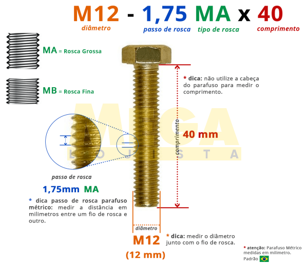 PARAFUSO SEXTAVADO ROSCA INTEIRA M12 1,75 MA X 40 DIN 933 AÇO CARBONO CLASSE 5.8 BICROMATIZADO