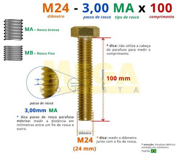 PARAFUSO SEXTAVADO ROSCA INTEIRA M24 3,00 MA X 150 DIN 933 AÇO CARBONO CLASSE 5.8 BICROMATIZADO
