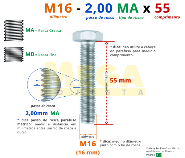 PARAFUSO SEXTAVADO ROSCA INTEIRA M16 2,00 MA X 55 DIN 933 AÇO CARBONO CLASSE 5.8 ZINCADO BRANCO