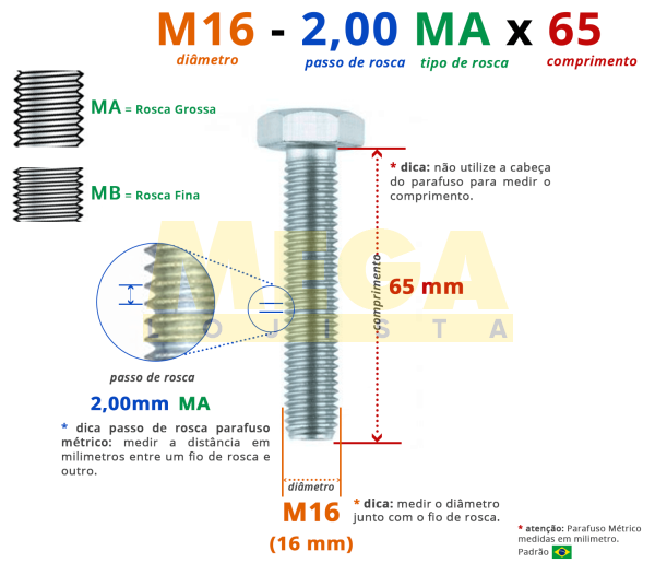 PARAFUSO SEXTAVADO ROSCA INTEIRA M16 2,00 MA X 65 DIN 933 AÇO CARBONO CLASSE 5.8 ZINCADO BRANCO