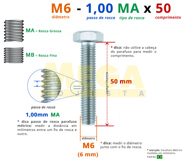 PARAFUSO SEXTAVADO ROSCA INTEIRA M6 1,00 MA X 50 DIN 933 AÇO CARBONO CLASSE 5.8 ZINCADO BRANCO